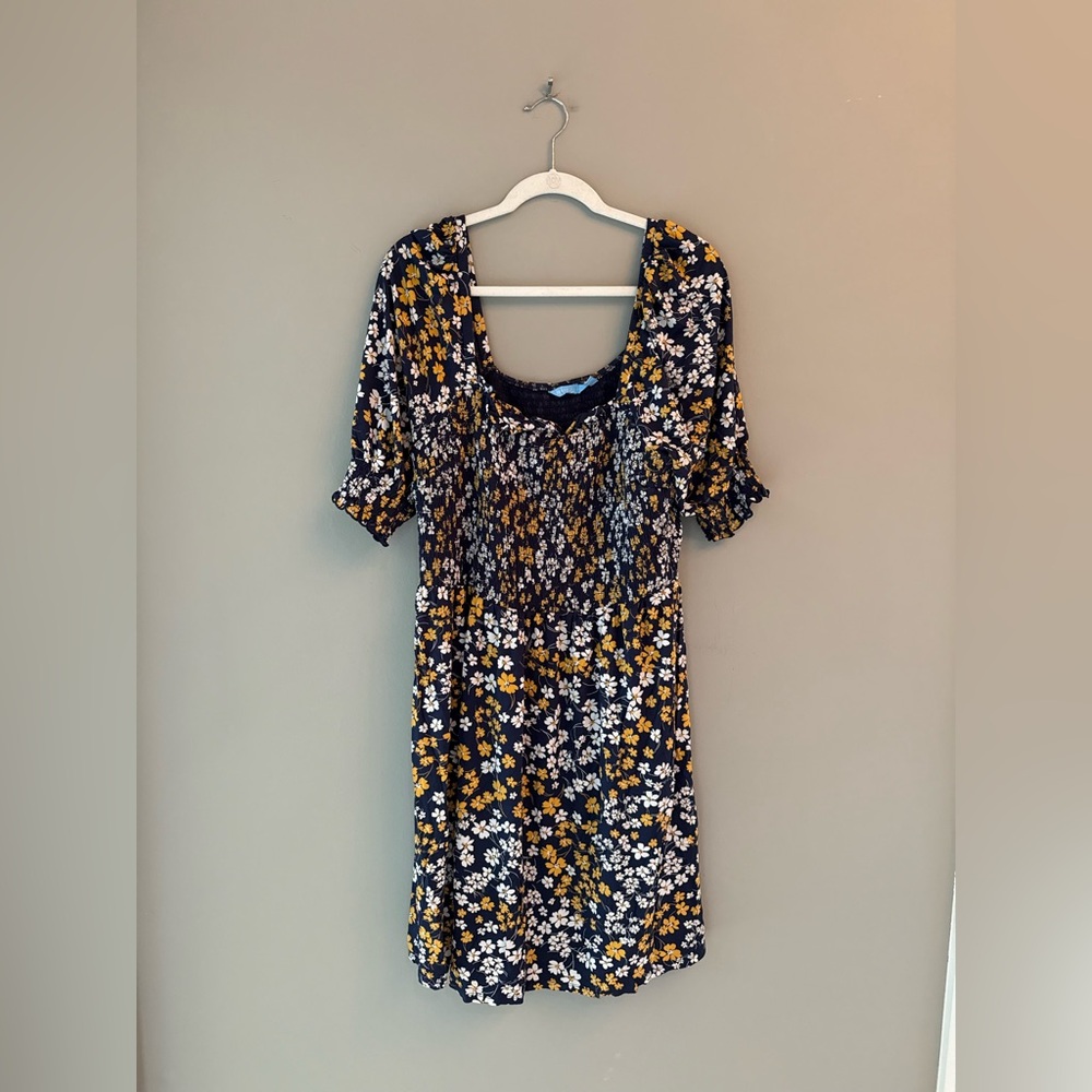 Draper James Navy Floral Square-Neck Midi Dress - Yellow & White Print